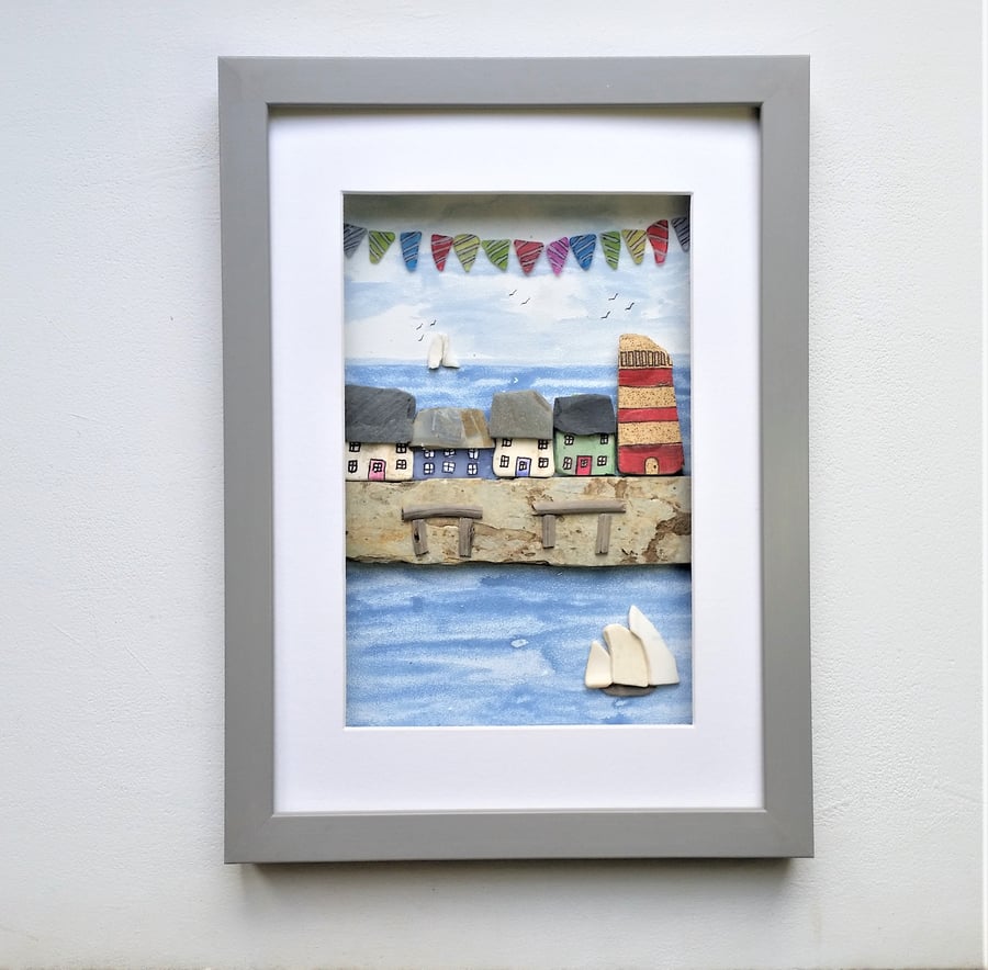 Coastal Wall Decor Lighthouse and Cottages, Framed Beach Art, Made in Cornwall