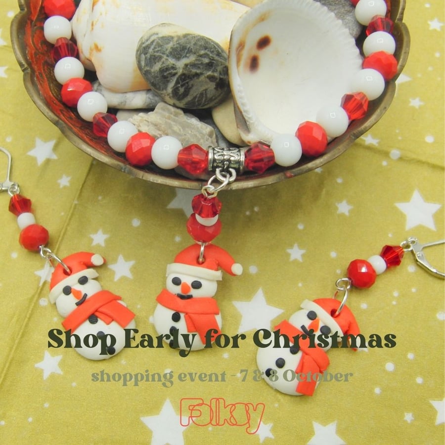 Clay Snowman Pendant on a Red and White Beaded Necklace and Earrings