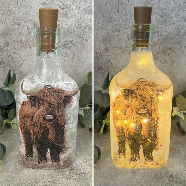 Decoupage Gin Bottle Light: Highland Cow - Home Decor, Rustic, Light up bottle