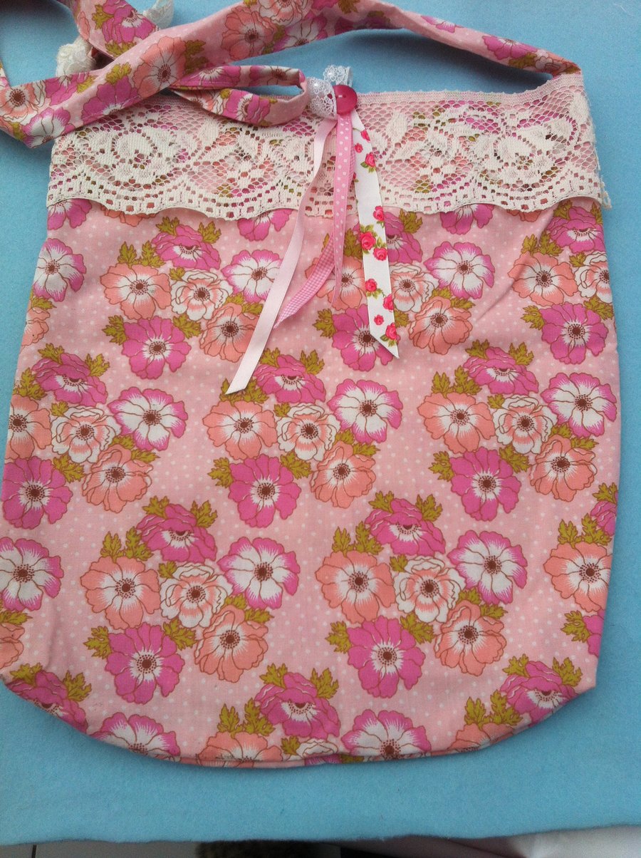 Handmade messenger style cotton fabric bag in pink floral vintage fabric
