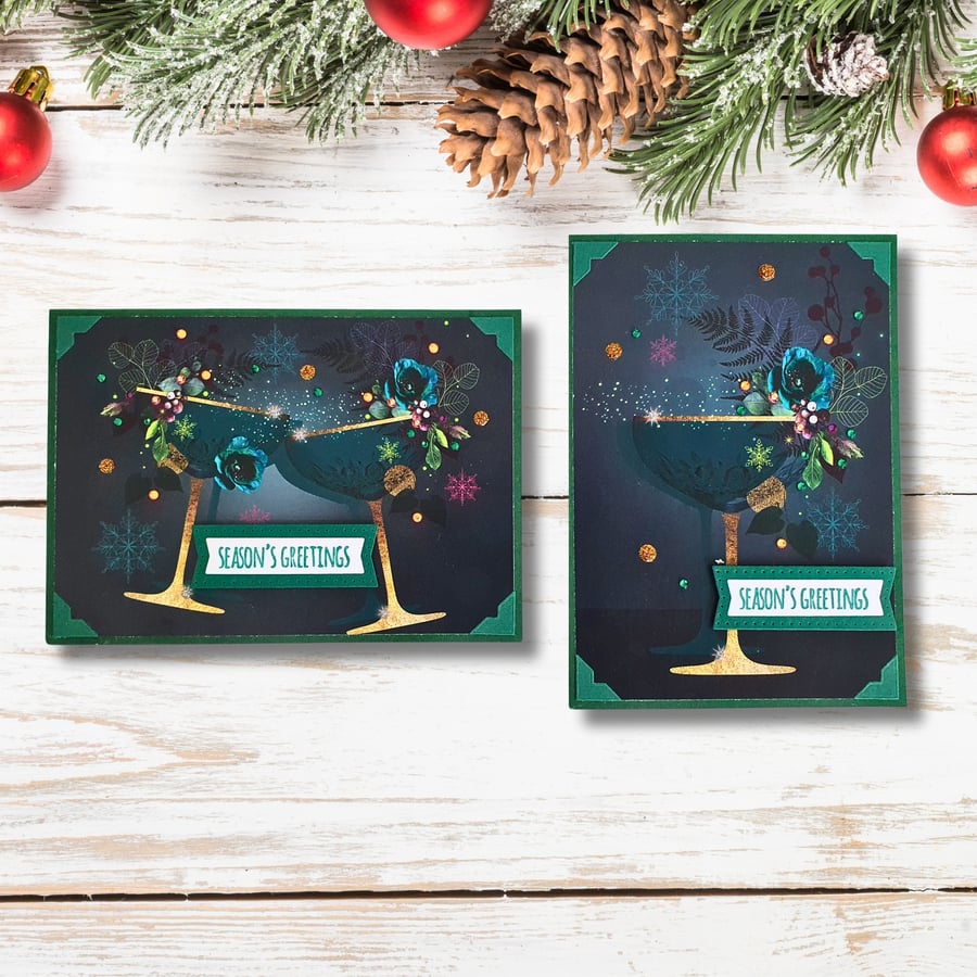 Set Of Two Christmas Cards with Festive Glasses Of Drink, Dark Green