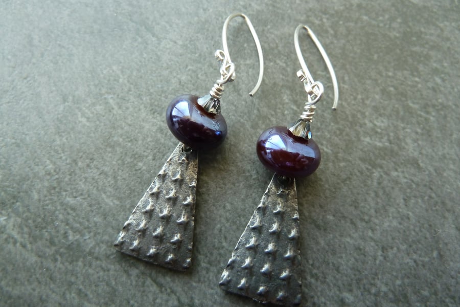 sterling silver, reactive lampwork and pewter earrings