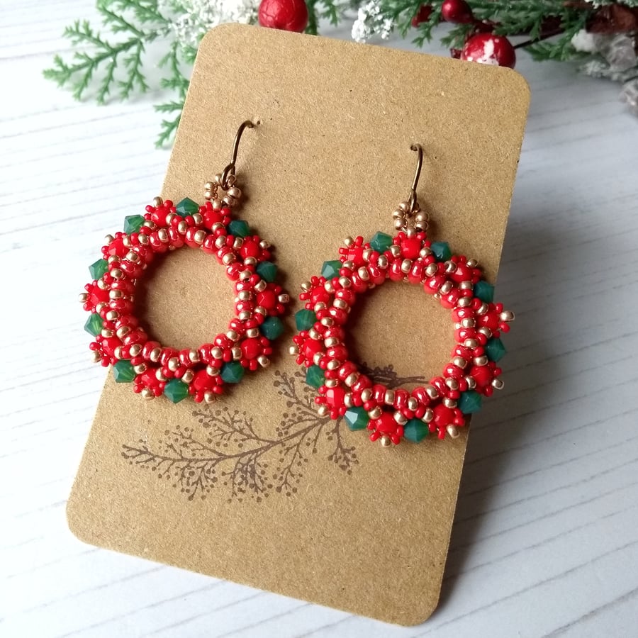 Christmas Wreath Hoop Earrings in Red, Gold and Green