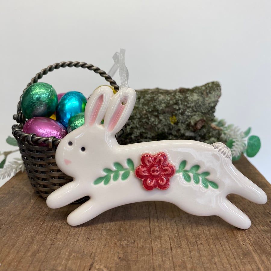 Ceramic Leaping Easter Bunny decoration red flower