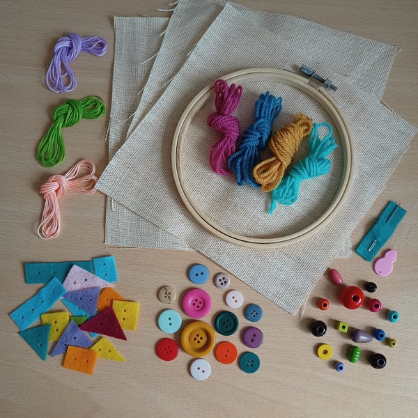 Children's embroidery sewing craft kit, have a go stitching hoop, learn to sew