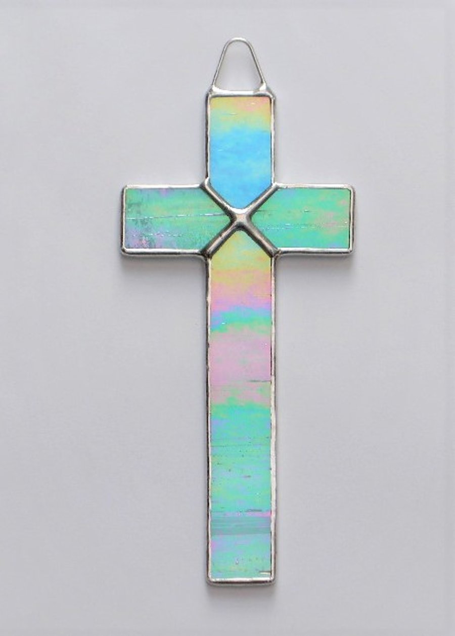 Stained Glass (Cross) in aqua and white iridescent glass