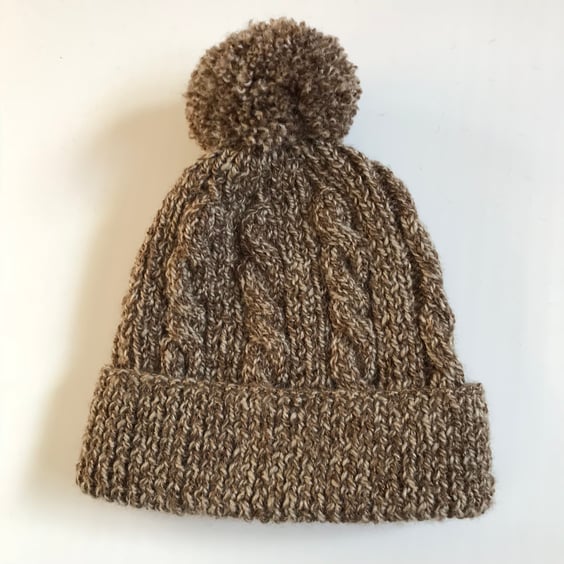Hand knitted child's brown marl hat with pompom to fit age 4 - 7 years 