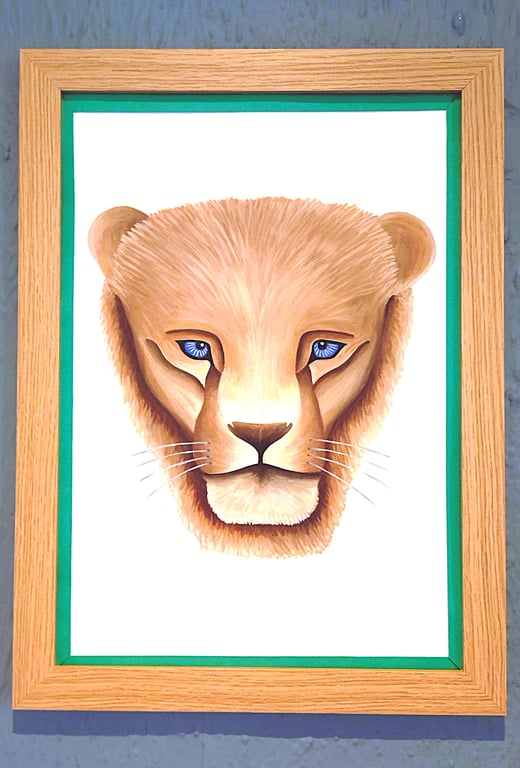 Framed A3 Print Colourful Lion Head Portrait Green Border Genuine Made in UK 