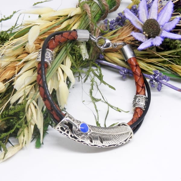 Viking Style Leather and Stainless Steel Bracelet