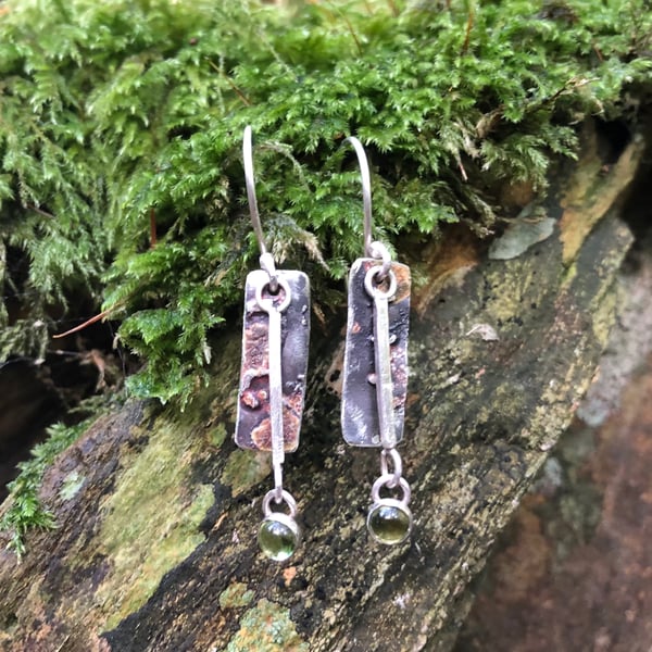Textured Oxidised Silver Earrings  with Peridot Drop