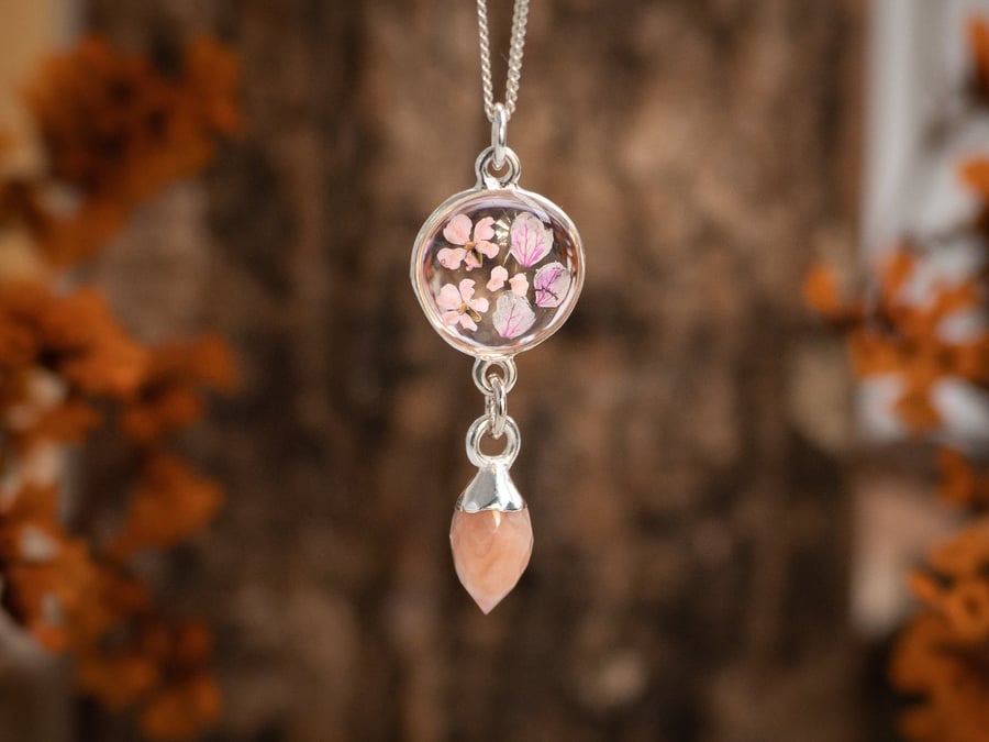 PINK OPAL Necklace with Real Flowers, Sterling Silver Floral Pendant