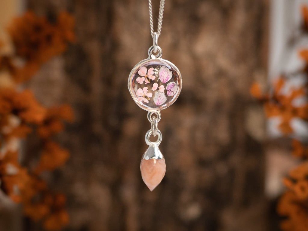 PINK OPAL Necklace with Real Flowers, Sterling Silver Floral Pendant