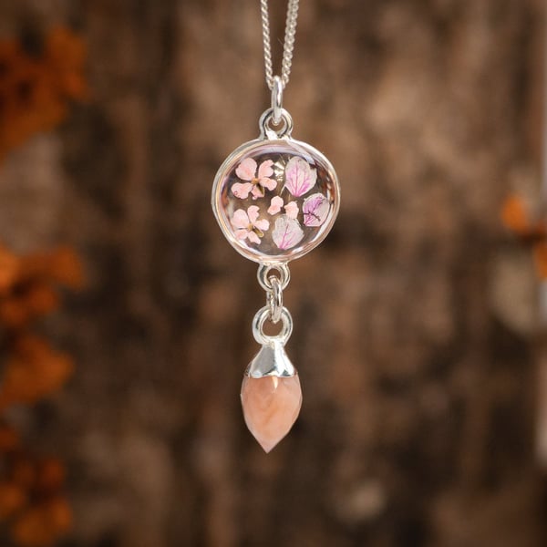 PINK OPAL Necklace with Real Flowers, Sterling Silver Floral Pendant