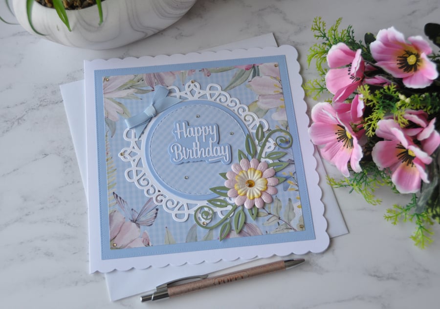 Happy Birthday Summer Handmade Flower Pale Blue 3D Luxury Handmade Card