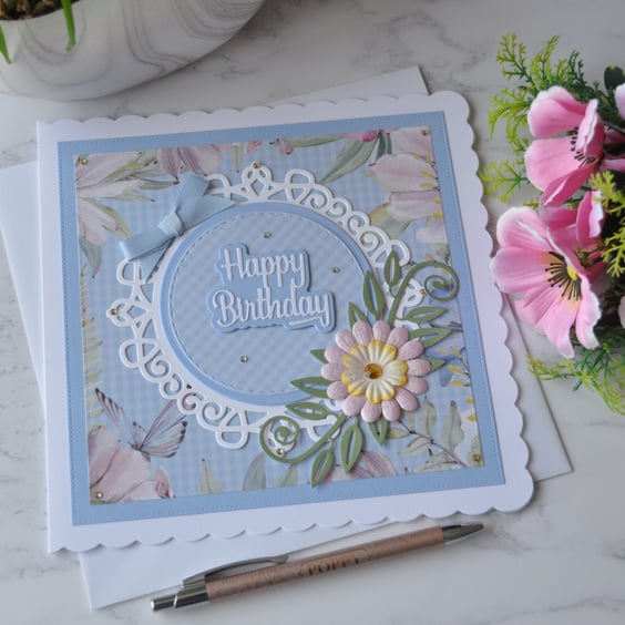 Happy Birthday Summer Handmade Flower Pale Blue 3D Luxury Handmade Card