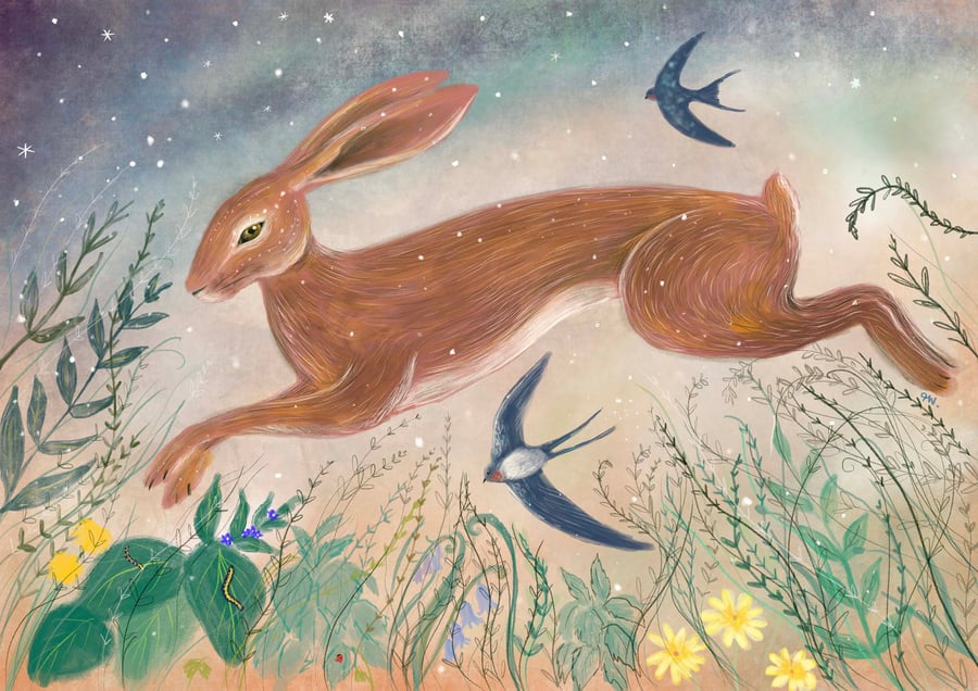 Hare With Summer Swallows And Spring Snow, A4 Giclée Print