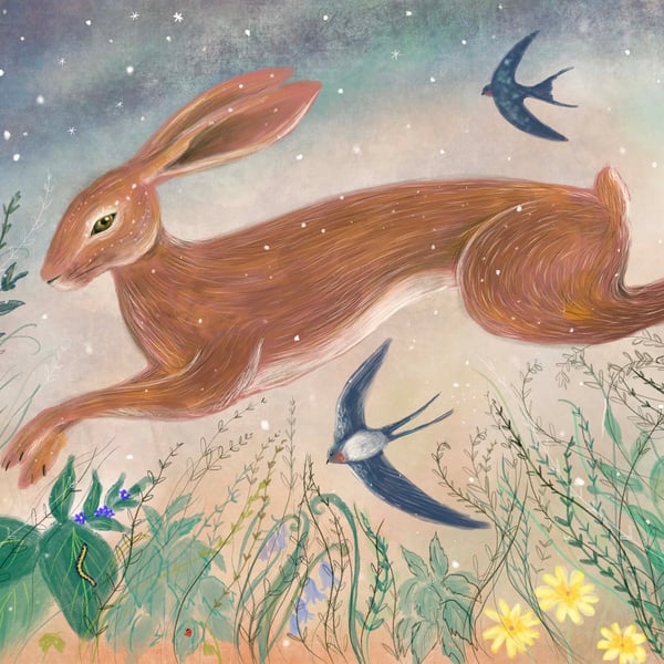 Hare With Summer Swallows And Spring Snow, A4 Giclée Print