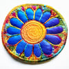 Textile Flower Brooch Free Machine Embroidery in Blue and Orange 