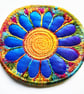 Textile Flower Brooch Free Machine Embroidery in Blue and Orange  - Image 1