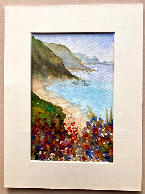 Cornish Cliffs Mullion Cornwall original miniature watercolour 