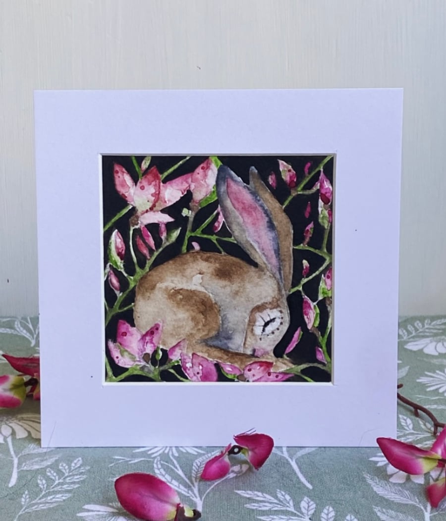 ACEO Original Resting Hare Rabbit with Flowers Watercolour 