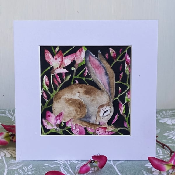 ACEO Original Resting Hare Rabbit with Flowers Watercolour 