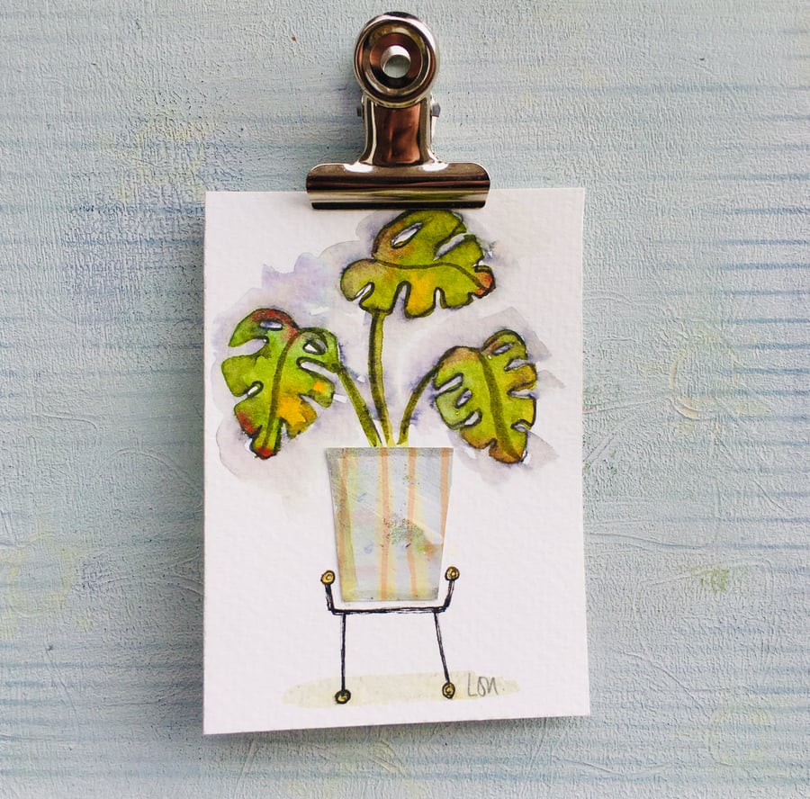 Miniature original watercolour and collage painting ACEO Monstera plant 