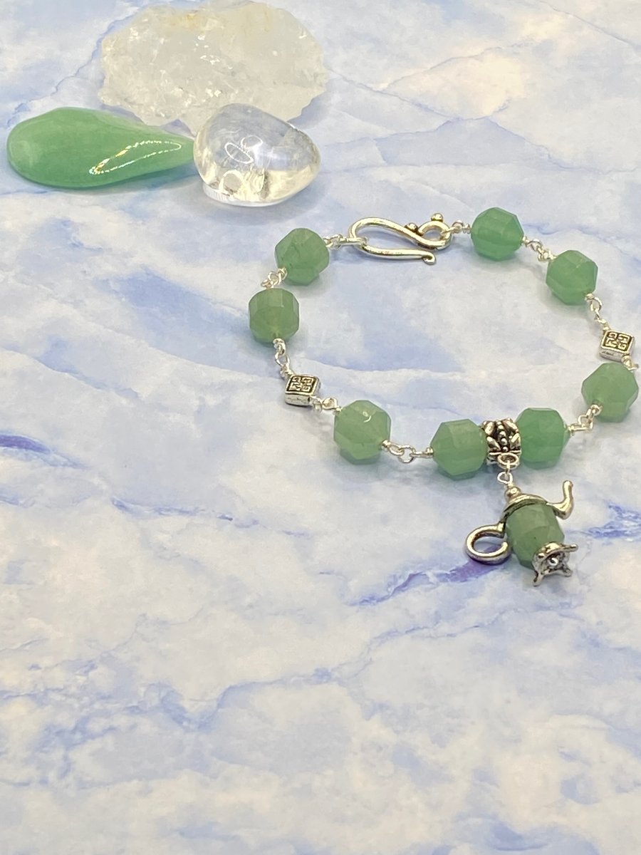 Faceted green aventurine stone bracelet with silver teapot charm