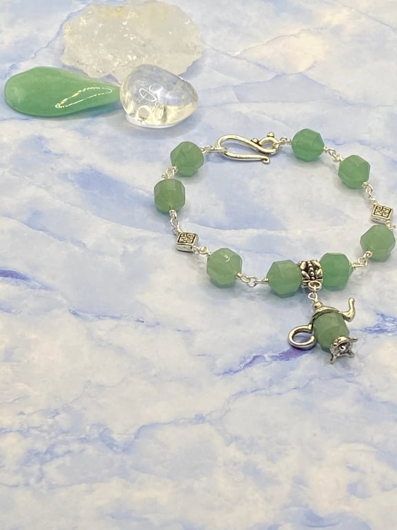 Faceted green aventurine stone bracelet with silver teapot charm