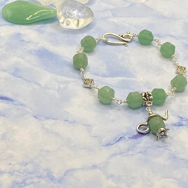 Faceted green aventurine stone bracelet with silver teapot charm
