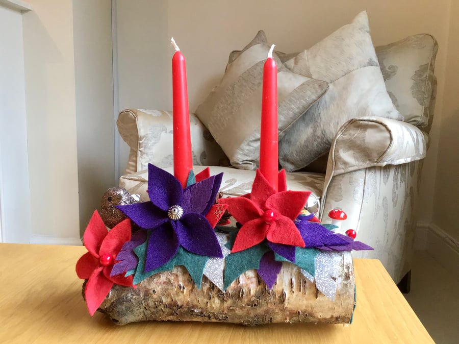 Christmas Candle Arrangement Large Yule Log Centrepiece Decoration