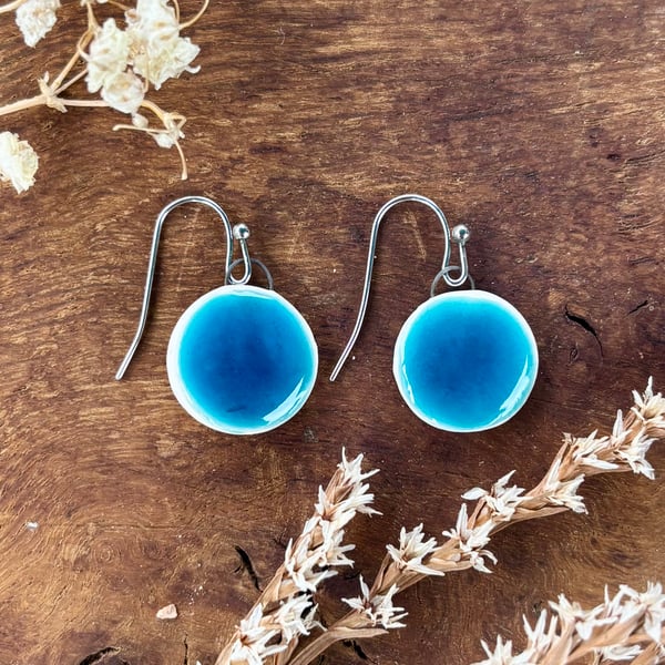 Handmade Turquoise Ceramic Earrings; Sea Blue Green, Minimal Jewellery, Glazed H
