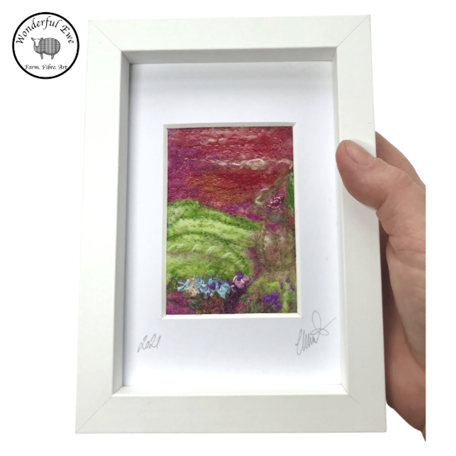 Mini landscape sunset wet felt needle felt fibre art embroidery felt painting
