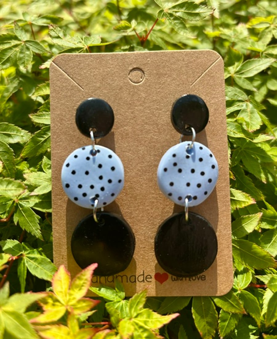 Beautiful Pastel Blue and Black Polka Dot Drop Earrings
