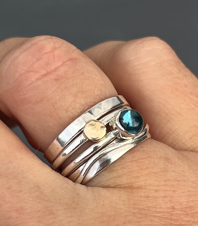 Blue Topaz Stack Ring, silver stack ring, silver and gold stack ring, gift, 