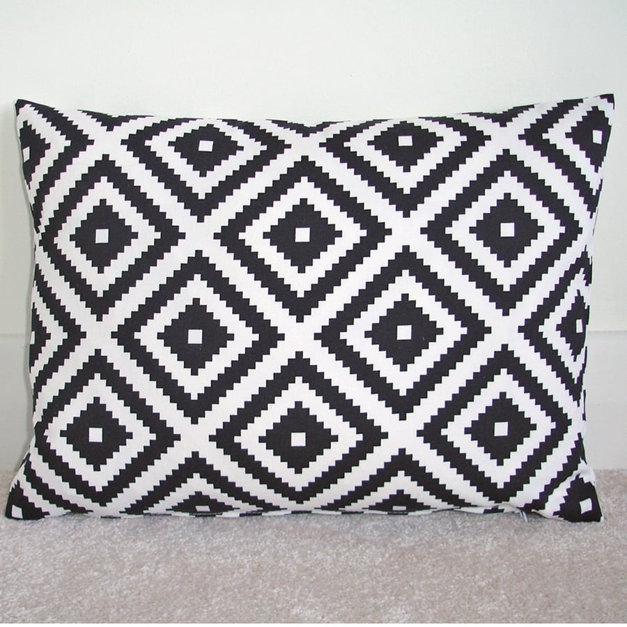 Oblong Bolster Cushion Cover Black and White Aztec 16" x12"