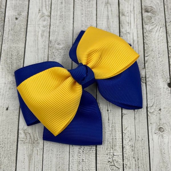 Cobalt Blue and Yellow Gold Top Knot Bow on Clip