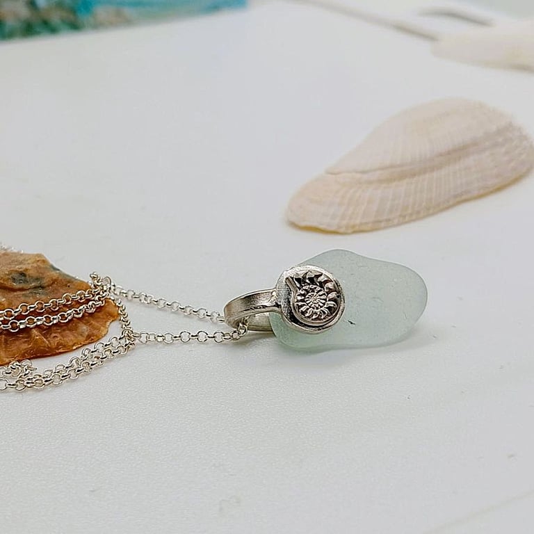 seafoam seaglass necklace with sterling silver ammonite bail