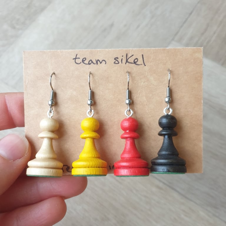 Pawn Earrings - Set of Four: Black, Yellow, Red and Pale Wood - Upcycled