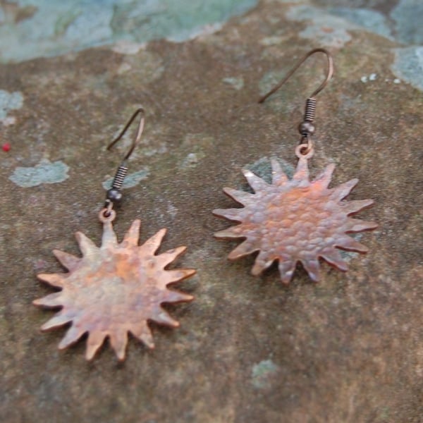 Hammered Flame-Painted Copper Sun Earrings - Handmade Copper Jewellery