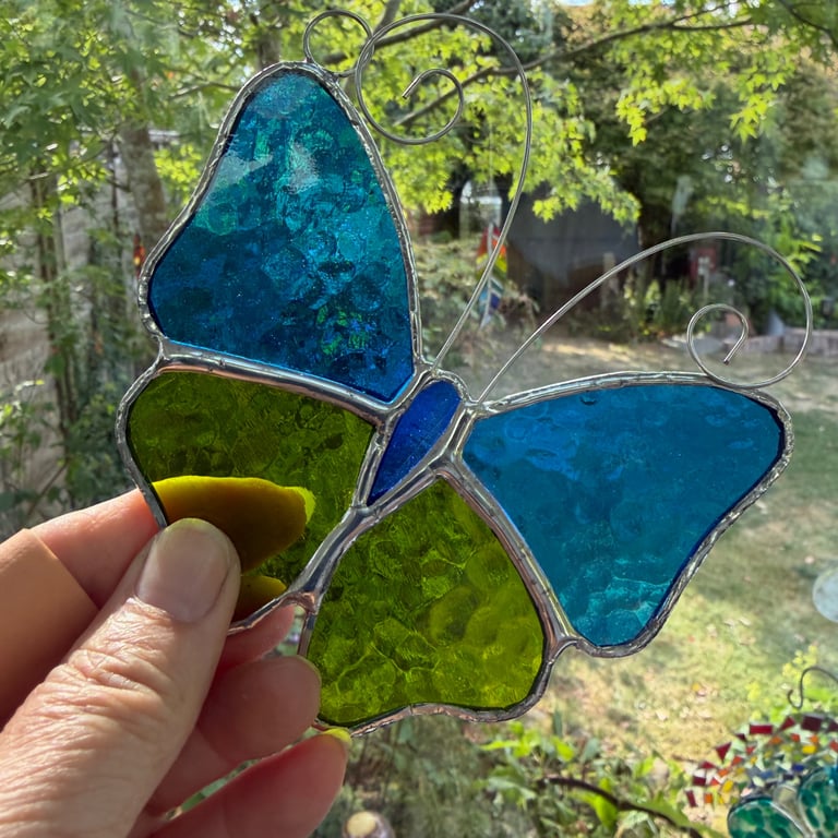 Stained Glass Butterfly Suncatcher - Handmade Decoration  - blue and lime