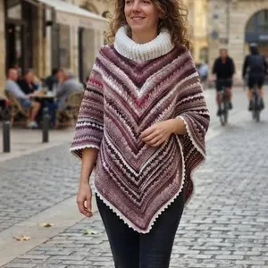 Image of Nordic Queen Crochet Poncho, Cowl Neck V-Stitch Chevron Wrap