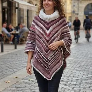 Nordic Queen Crochet Poncho, Cowl Neck V-Stitch Chevron Wrap