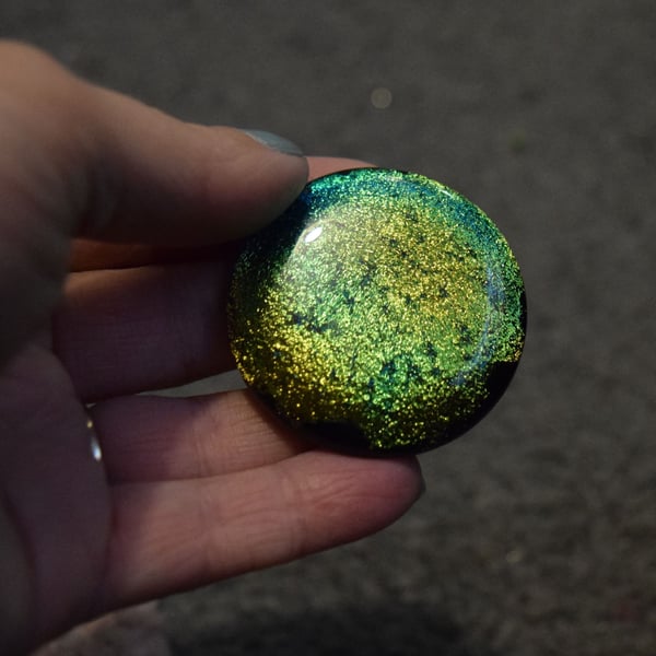 Large, Handmade Fused Glass Dichroic Cabochon. Green Gold.
