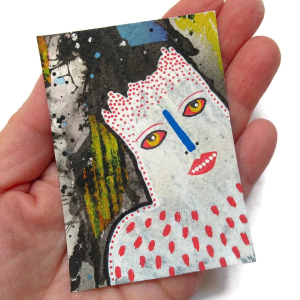 Tiny White Face ACEO Painting Weird Abstract Portrait Miniature Outsider Art