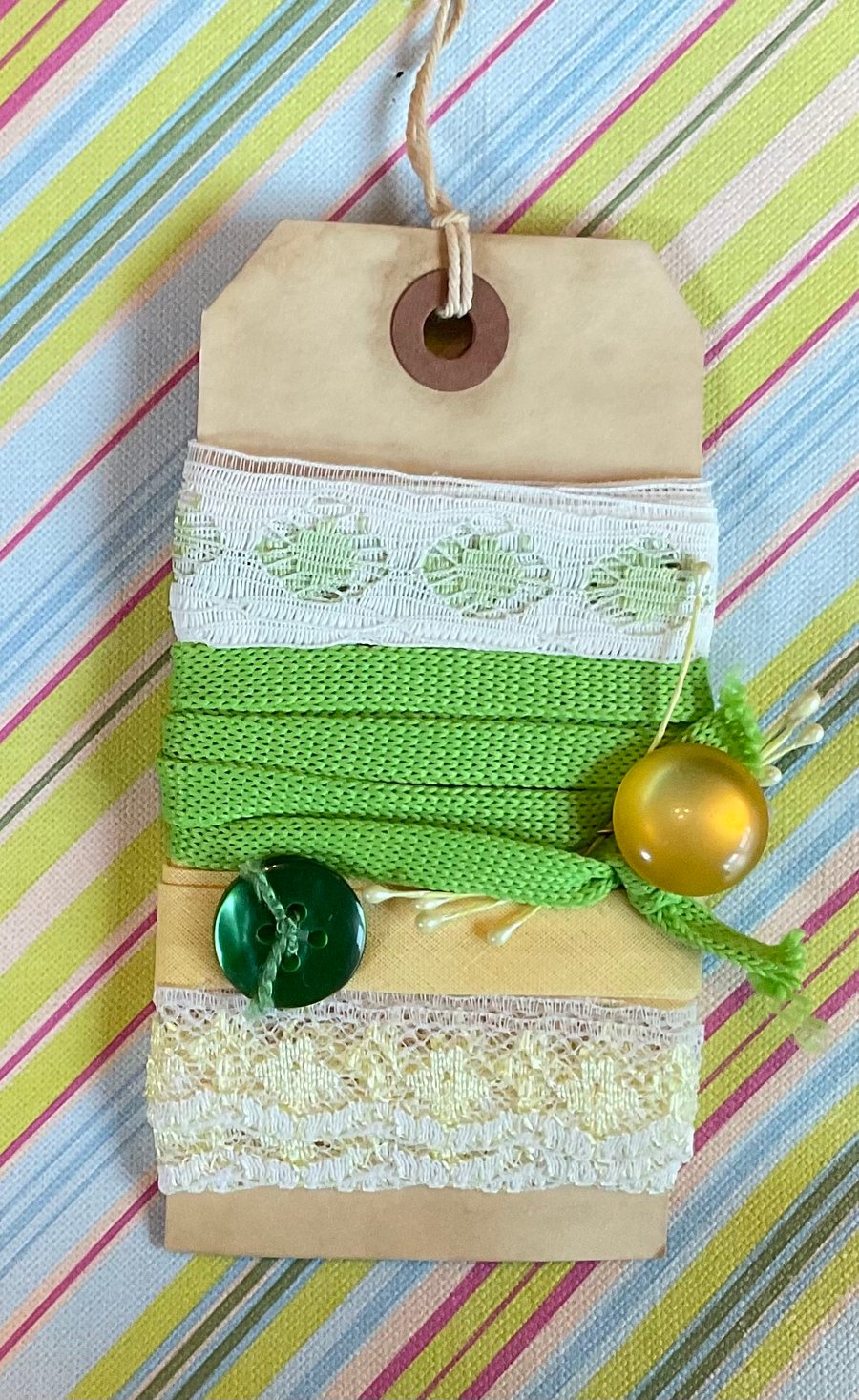 Vintage trim  lace etc on a tag! Lovely gift ….with surprise freebie!