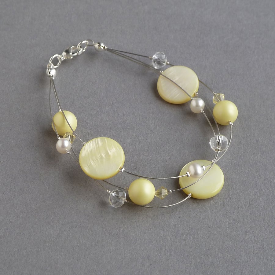 Pale Yellow Floating Pearl Bracelet - Lemon Bridesmaid Gifts - Pastel Wedding