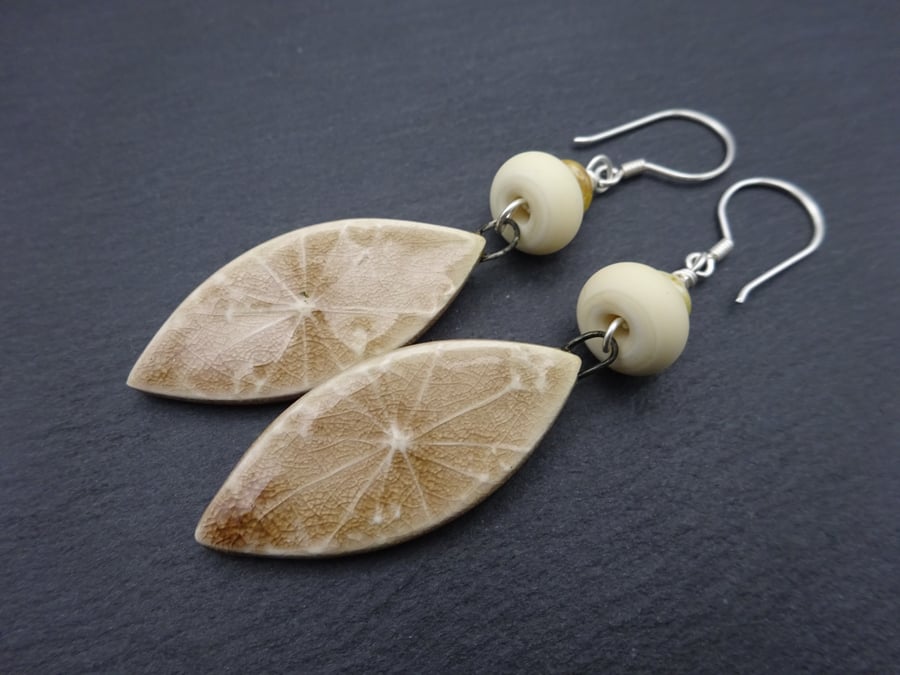 lampwork glass cream earrings, ceramic drops