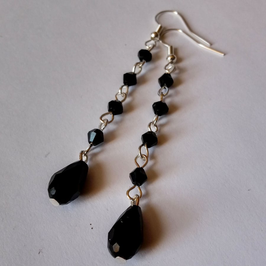 Gothic Long Dangling Black Crystal Teardrop Earrings