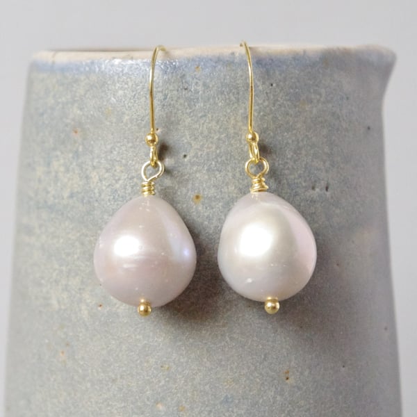 Grey Freshwater Pearl and Real Gold Vermeil Drop Earrings Inspired by Vermeer